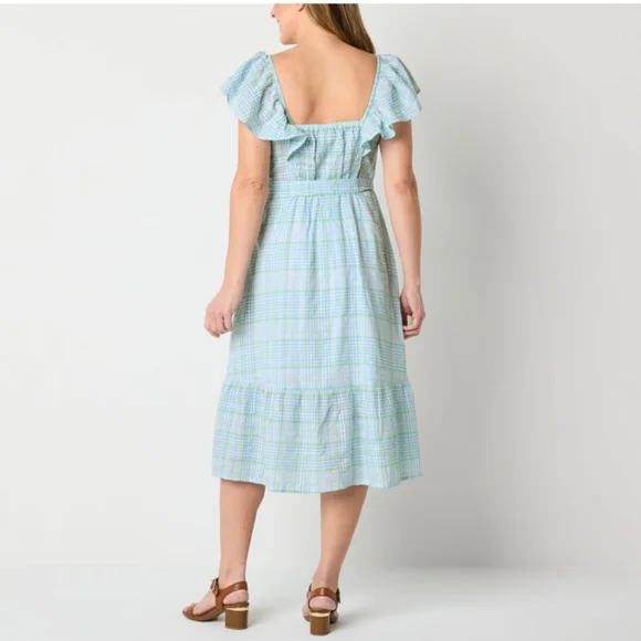 St. John's Bay SquareNeck Midi Oversized Plaid Romantic Dress Pockets Cotton XL - Picture 3 of 8